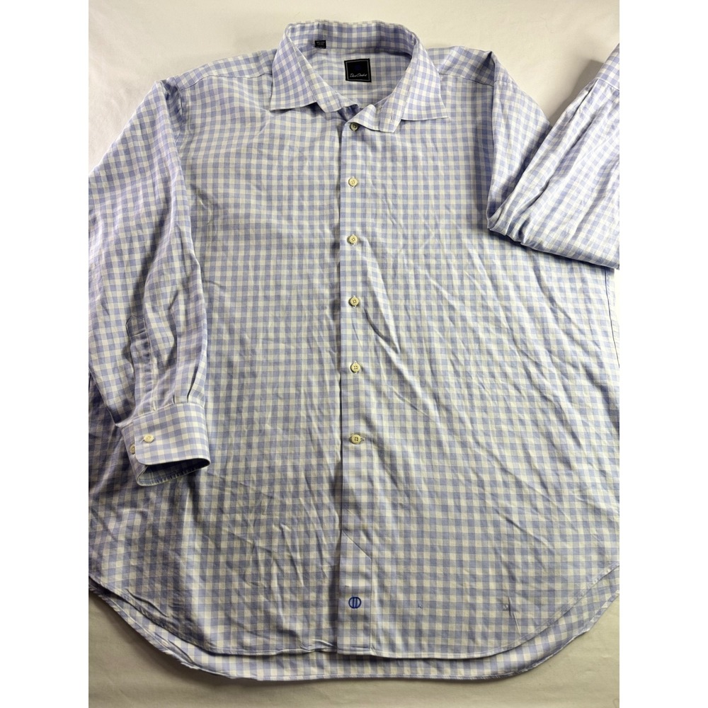 David Donahue Mens Blue Gingham Cotton Button Down Shirt 18.5 34/35